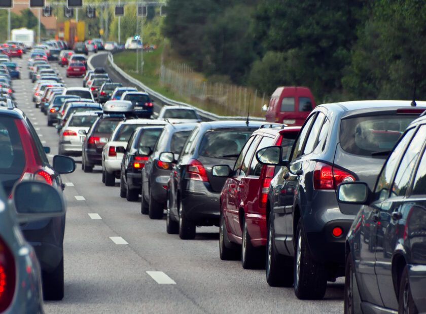 Traffic jam with rows of cars