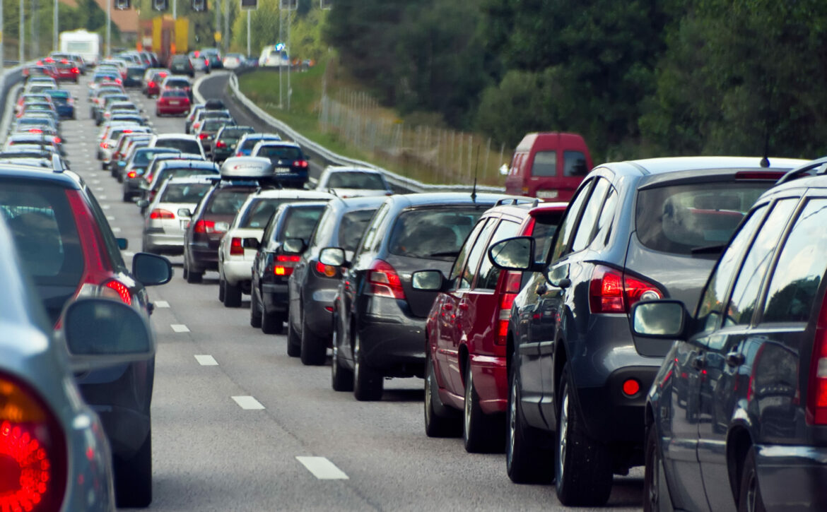 Traffic jam with rows of cars